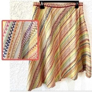 Vintage 90s khaki silk A-line skirt w/ bright multicolor embroidered stripes Sz6